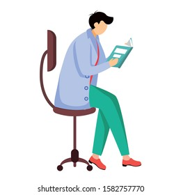 Scientist reading book, journal flat vector illustration. Doctor sits on chair. Getting, analysing information. Man in blue lab coat isolated cartoon character on white background