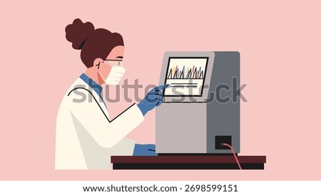 Scientist reading results on next generation sequencer for DNA analysis, wearing protective mask and gloves in genomic research laboratory. Vector flat illustration	