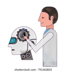 scientist repairing humanoid robot