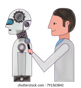 scientist repairing humanoid robot