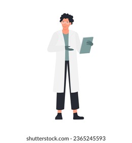 Scientist with report clipboard. Researcher with experiment result vector illustration