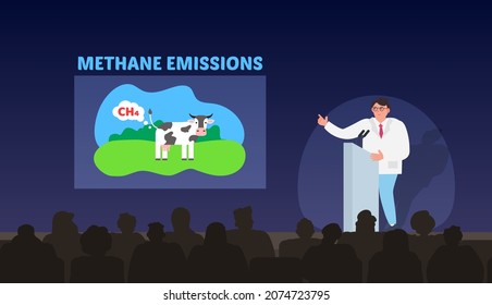 scientist  reporting on  climate conference cow emits  methane ch4 global ecology problem vector illustration