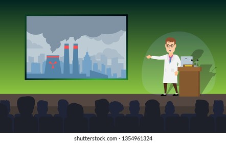 scientist reporting on ecology coference city air pollution industry factory pipes smoke
