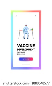 scientist resarcher working analyzing blood in test tube coronavirus vaccine development fight against covid-19 concept fulll length copy space vertical vector illustration