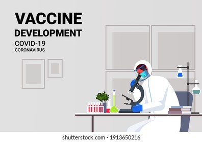 scientist resarcher working with microscope in lab coronavirus vaccine development fight against covid-19 concept horizontal portrait vector illustration