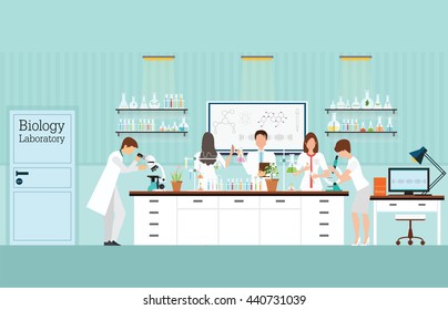 Scientist research and experiments at Biology Science lab interior or laboratory room, biology education concept, vector illustration.