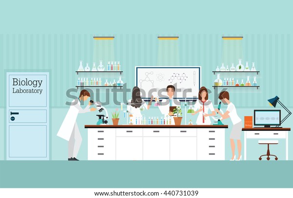 生物科学研究室の室内や研究室での科学者の研究と実験 生物学教育のコンセプト ベクターイラスト のベクター画像素材 ロイヤリティフリー