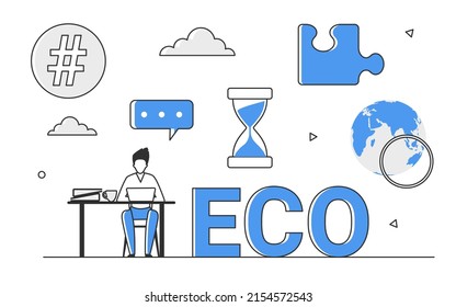 Scientist research global ecology and ecosystem. Nature conservation and protection solutions vector monocolor illustration