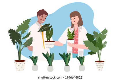 scientist research plant in laboratory with flat cartoon style vector design illustration