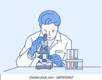 Scientist researcher conducting an experiment in labora. Hand drawn in thin line style, vector illustrations.