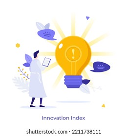 Scientist or researcher in lab coat looking at glowing lightbulb with exclamation mark inside. Concept of innovation index, innovative idea or insight. Modern flat vector illustration for banner.