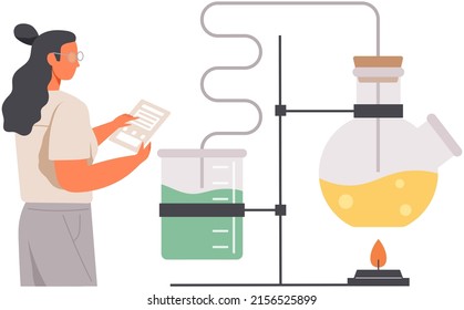 Scientist Researcher Makes Lab Analysis With Equipment Liquid In Flask. Study Chemistry Science. Biologist, Laboratory Assistant Conducting Scientific Experiment, Chemical Research With Reagent