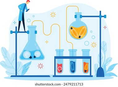 Scientist researching lab flasks beakers experiment study. Man white coat tablet observing test tubes liquid substance. Laboratory equipment flask solution blue background. Lab technician chemical