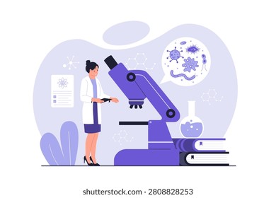 Scientist Researching Virus on Huge Microscope. A female researcher checking medical records next to a giant scientific microscope showing floating microscopic virus pathogens