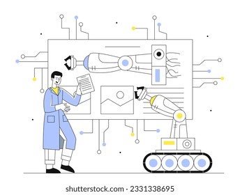 Scientist with robotic arm line concept. Man develops mechanical robot, artificial intelligence and machine learning. Process automation and innovation. Linear flat vector illustration