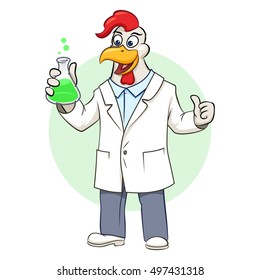 Scientist rooster with flask. vector illustration