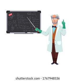 Scientist in safety glasses, in white uniform, stands at blackboard, points to formulas. Physics teacher explains lesson. Vector character illustrations of education, science, scientific knowledge