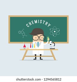 Scientist in school lab coat with chemical glassware.