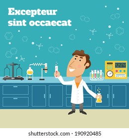Scientist In Science Education Research Lab With Flasks And Laboratory Equipment Poster Vector Illustration