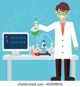 Scientist in science education research lab with flasks and laboratory equipment poster vector illustration.