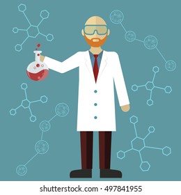 Scientist in science education research lab with flasks and laboratory equipment poster vector illustration.