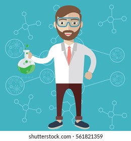 Scientist in science education research lab with flasks and laboratory equipment poster vector illustration