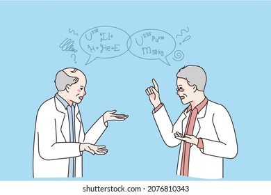 Scientist and scientific communication concept. Two men doctors scientists standing and chatting about chemicals with formulas flying above vector illustration 