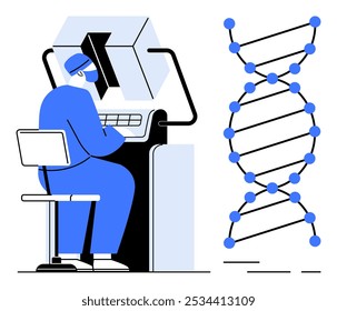 Wissenschaftler sitzt an einem modernen Computer, der genetische Daten analysiert, die durch eine DNA-Doppelhelix-Struktur dargestellt werden. Ideal für Genetik, Forschung, Technologie, Datenanalyse, Biotechnologie