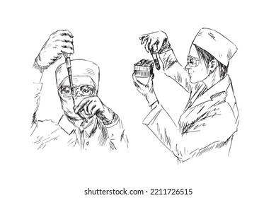 A scientist set, hand drawn doodle, sketch in pop art style, black and white vector illustration