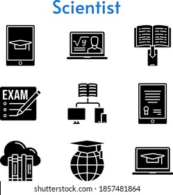 scientist set. included exam, cloud, tablet, professor, ebook, student-laptop, school, student-tablet icons. filled styles.