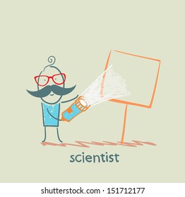 scientist shines a flashlight on a poster