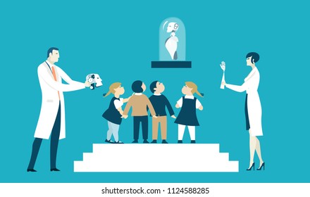 Scientist showing to the grope of children robot creation process. Educational concept illustration