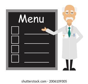 Scientist Showing Menu Board Flat Vector Cartoon Illustration