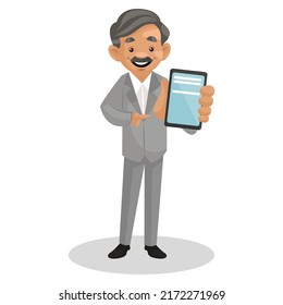 Scientist is showing a mobile phone. Vector graphic illustration. Individually on a white background.