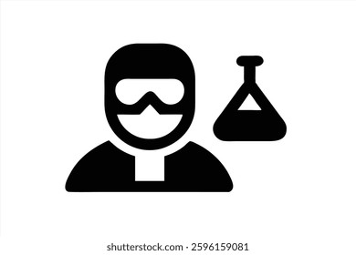 A scientist is shown wearing protective goggles and a mask, standing next to a laboratory flask. This illustration highlights the field of science and research.