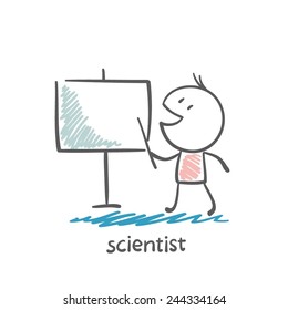 scientist shows a pointer to the board illustration
