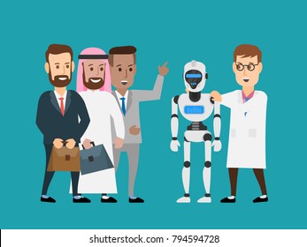 scientist shows robot android to business people