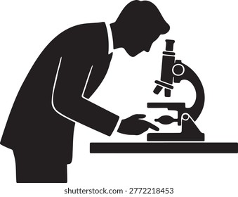 Scientist silhouette using microscope for research. Lab setting with equipment for scientific study. Discovering microscopic world through detailed observation and analysis. Focus on science, education and professional research.