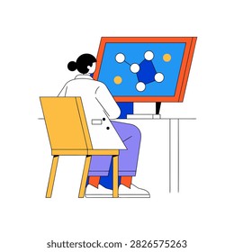 Scientist sits at desk, studying molecular structure on screen. Blue and yellow spheres form complex pattern. Focused researcher analyzes data with calm intensity. Ideal for science, tech