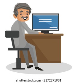 Scientist is sitting on a chair and working on a laptop. Vector graphic illustration. Individually on a white background.