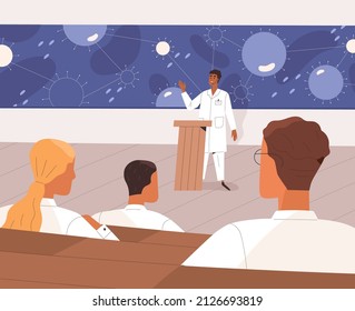 Scientist Speaker At Medical Conference, Speaking To Doctors Audience. People At Medicine And Healthcare Event, Scientific Congress. Professors Speech At Health Symposium. Flat Vector Illustration