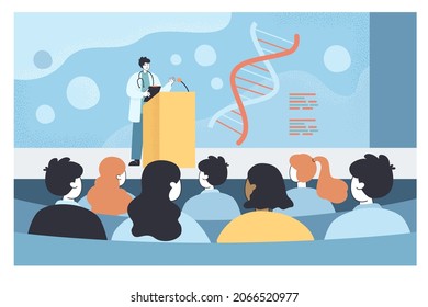Scientist speaking at conference in front of audience. Male doctor speaker making scientific discovery announcement on seminar in auditorium flat vector illustration. Science, medicine concept