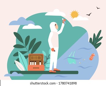 Scientist in special uniform stands with a test tube in his hands at a polluted reservoir next to him a suitcase with test tubes.Flat style illustration on the theme of water pollution. Banner concept