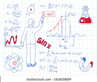Scientist standing against the blackboard with a lot of formulas written on it. Doodle vector scientific background on page workbook.