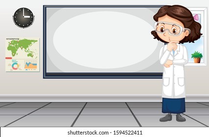 Scientist standing beside the whiteboard illustration