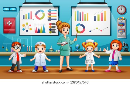 Scientist standing with chalkboard teaching student in laboratory classroom