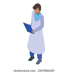 El científico está parado y mirando un Portapapeles con datos en esta ilustración isométrica