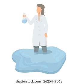 Scientist is standing in a puddle of water holding a flask, highlighting the pressing issue of rising sea levels