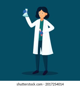 The scientist stands withholding the experimental flask in her hand