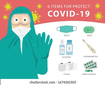 Scientist stop hand 6 items for protect COVID-19 or coronavirus. Health concept